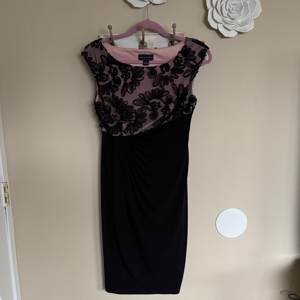 connected apparel Black and Blush Floral Appliqué Midi Dress